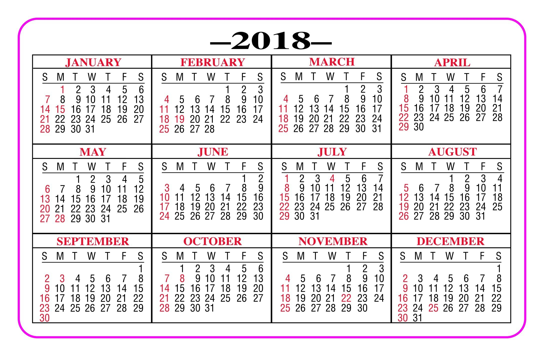 Printable Pocket Calendar 2018 - Yeniscale.co Full Year