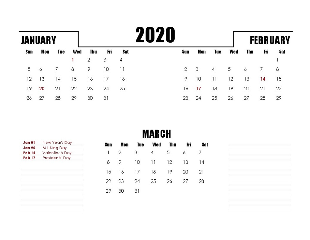 Printable Quarterly Calendar 2020 1St Quarter With Notes