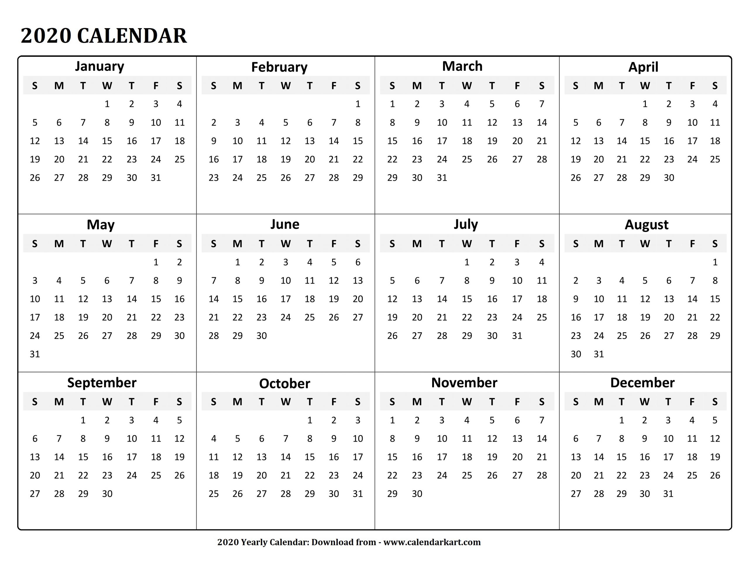 Printable Yearly Calendar 2020 - Calendar-Kart