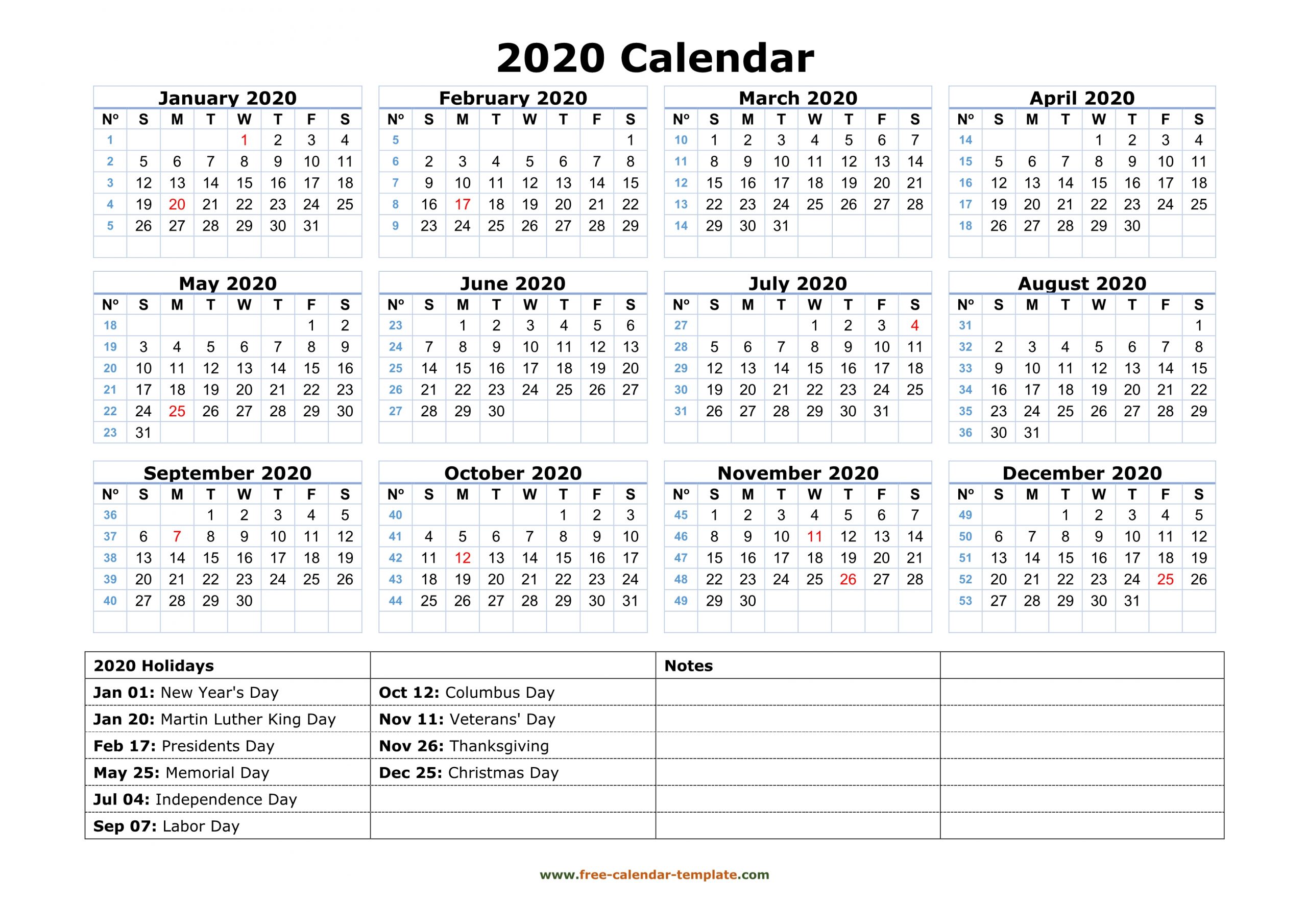 Printable Yearly Calendar 2020 | Free-Calendar-Template