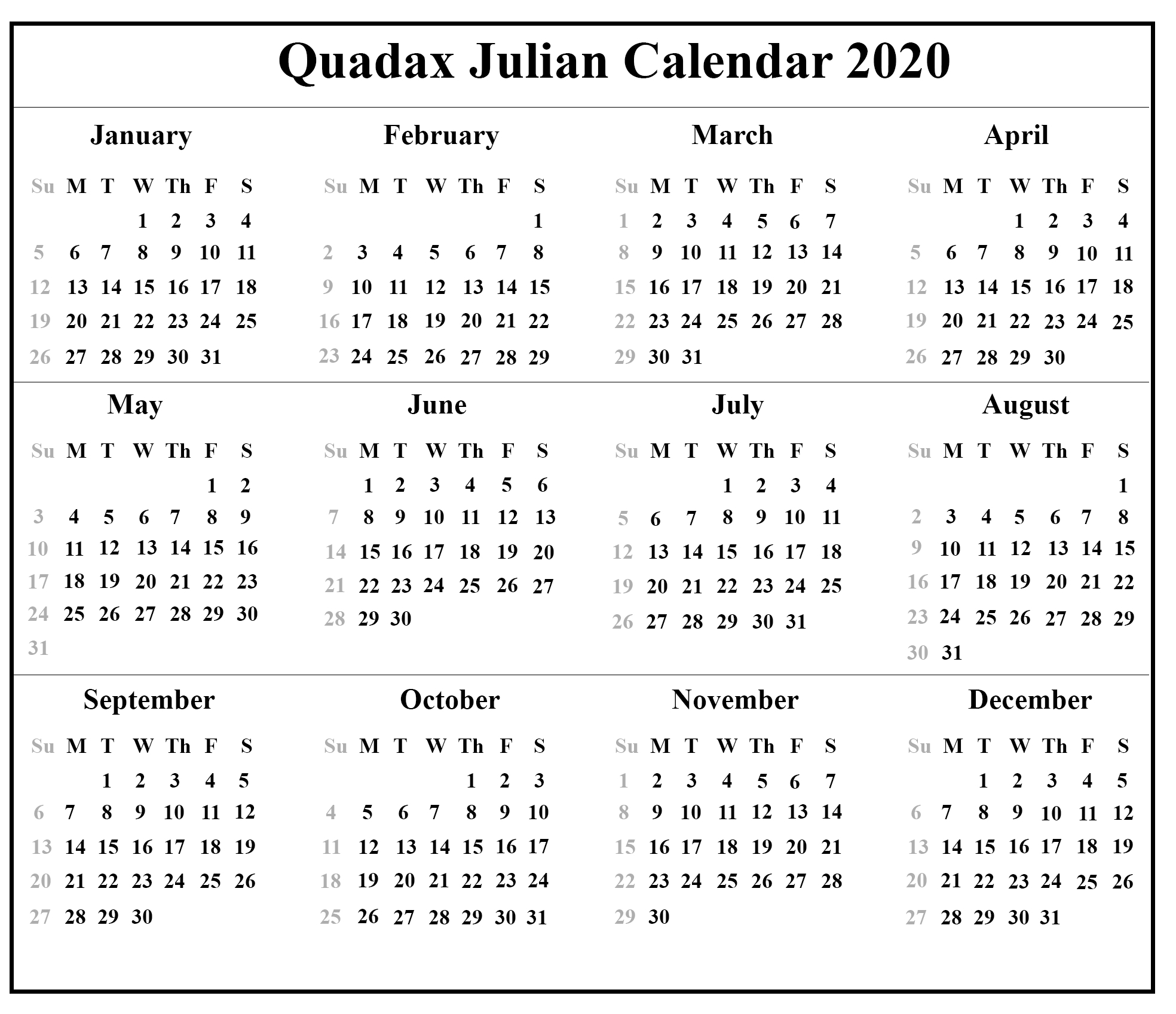 Quadax Julian Calendar 2020 Pdf | Example Calendar Printable