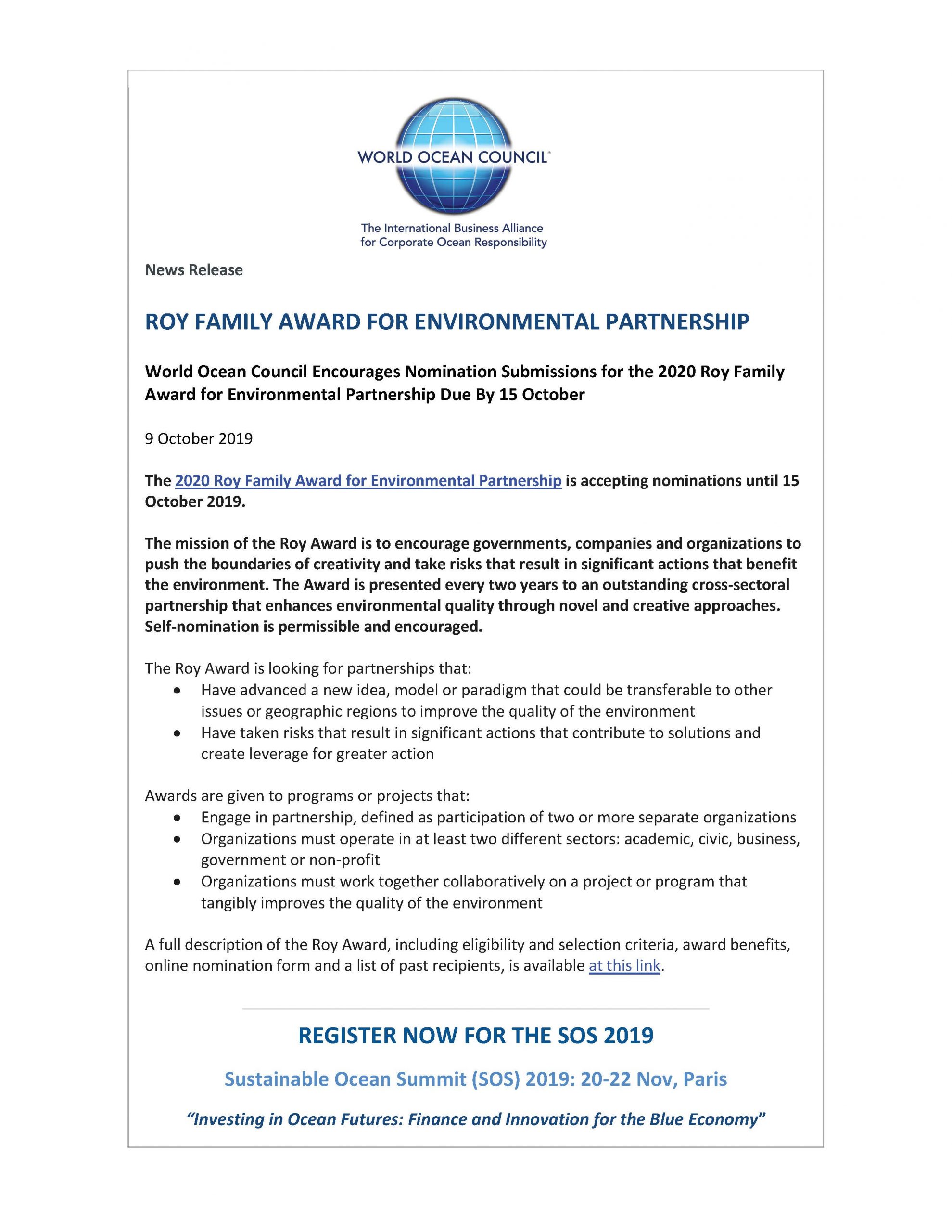 Roy Family Award For Environmental Partnership - 9 October