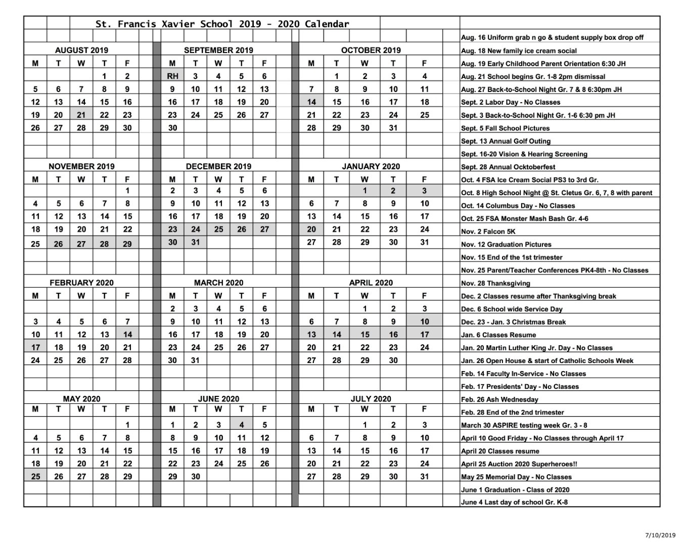 Saint Francis Xavier Parish - 2019-2020 Academic Calendar