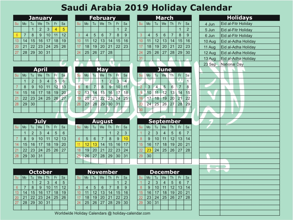 Saudi Arabia 2019 / 2020 Holiday Calendar