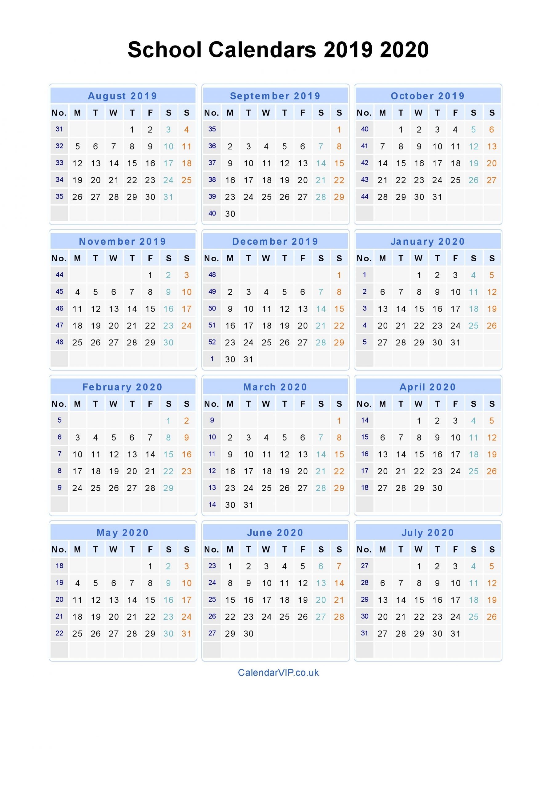 School Calendars 2019 2020 - Calendar From August 2019 To