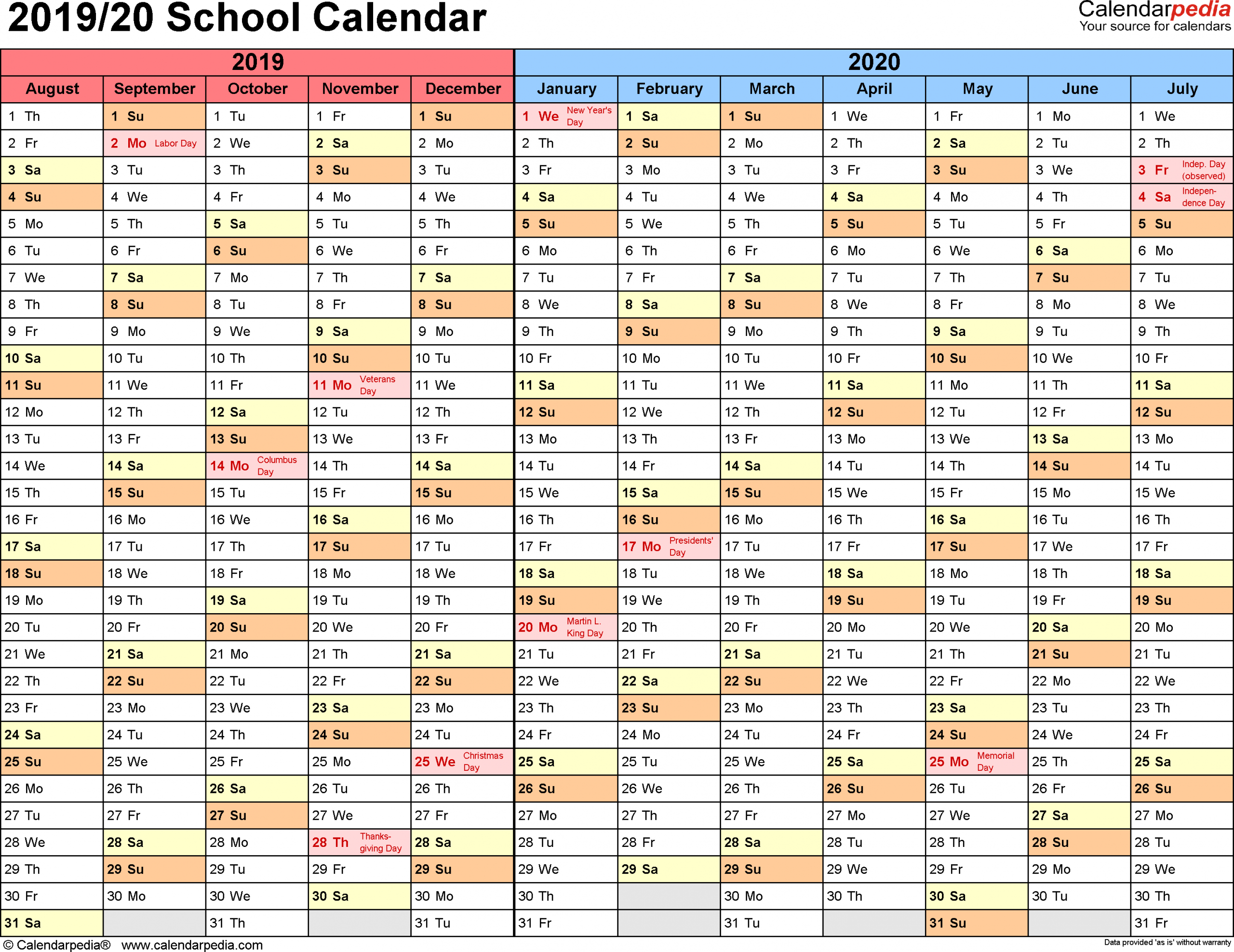 School Calendars 2019/2020 - Free Printable Word Templates