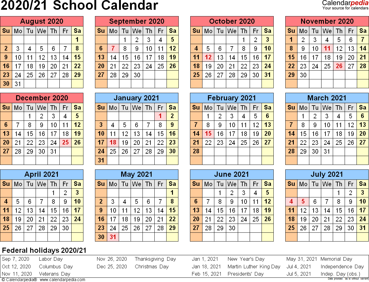 School Calendars 2020/2021 - Free Printable Excel Templates