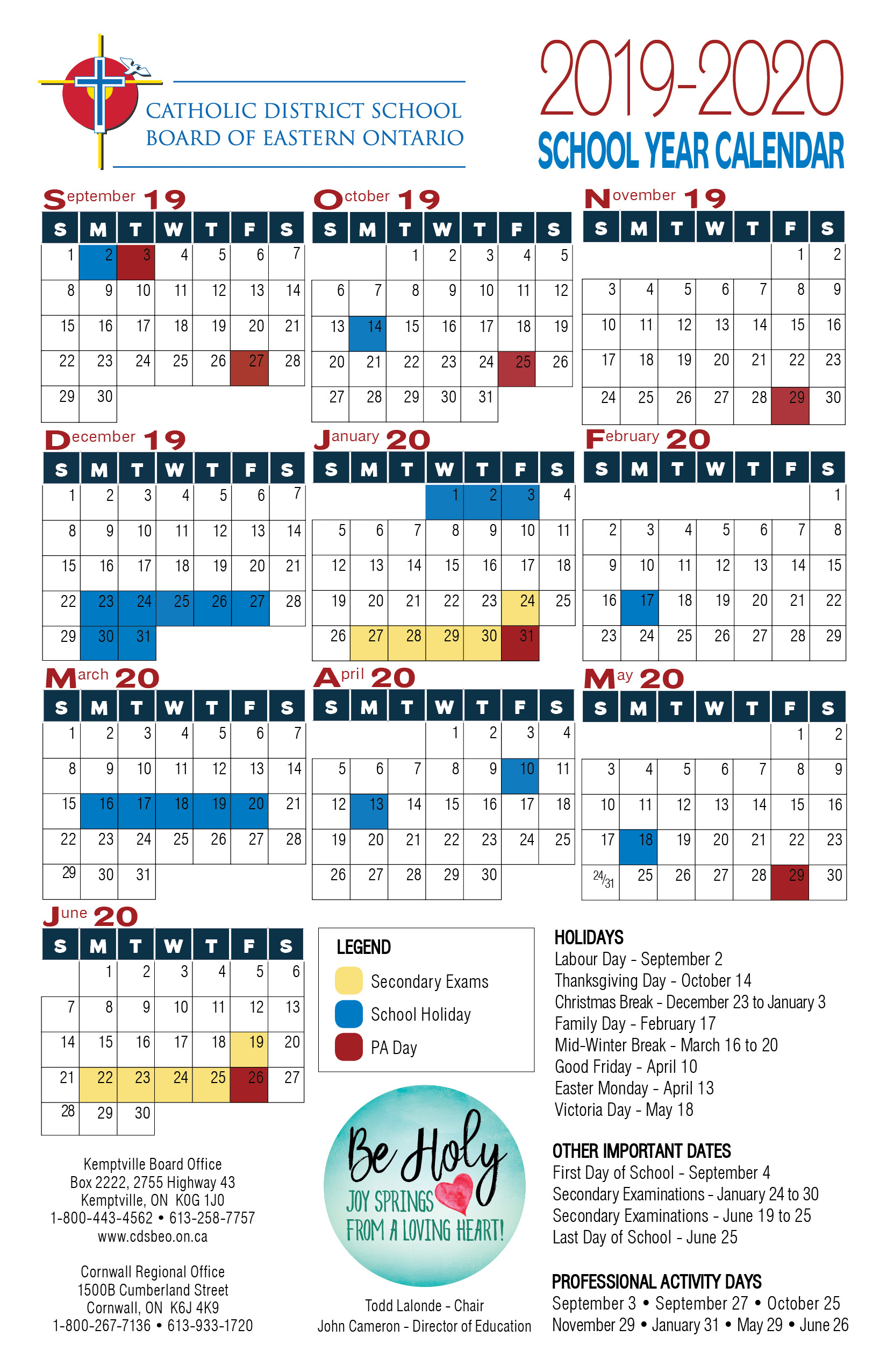 School Year Calendar | Catholic District School Board Of