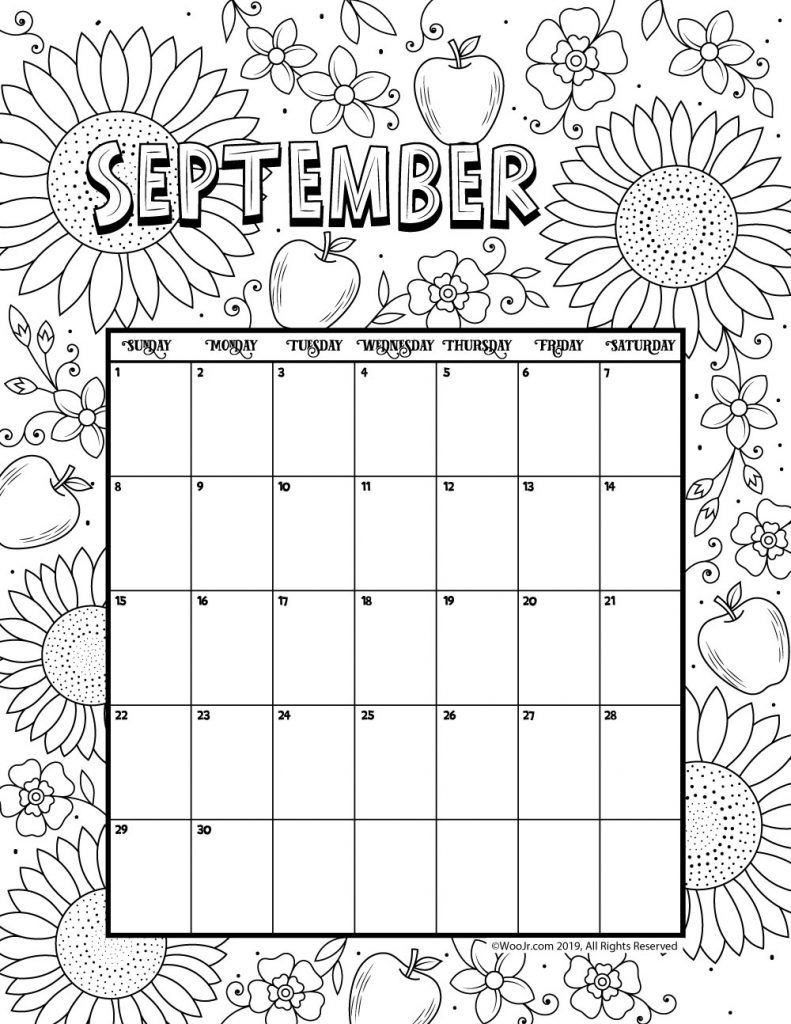 September 2019 Coloring Calendar | Printable Calendar Pages