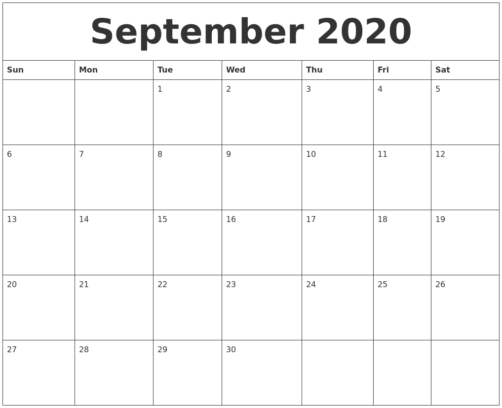 September 2020 Blank Calendar To Print