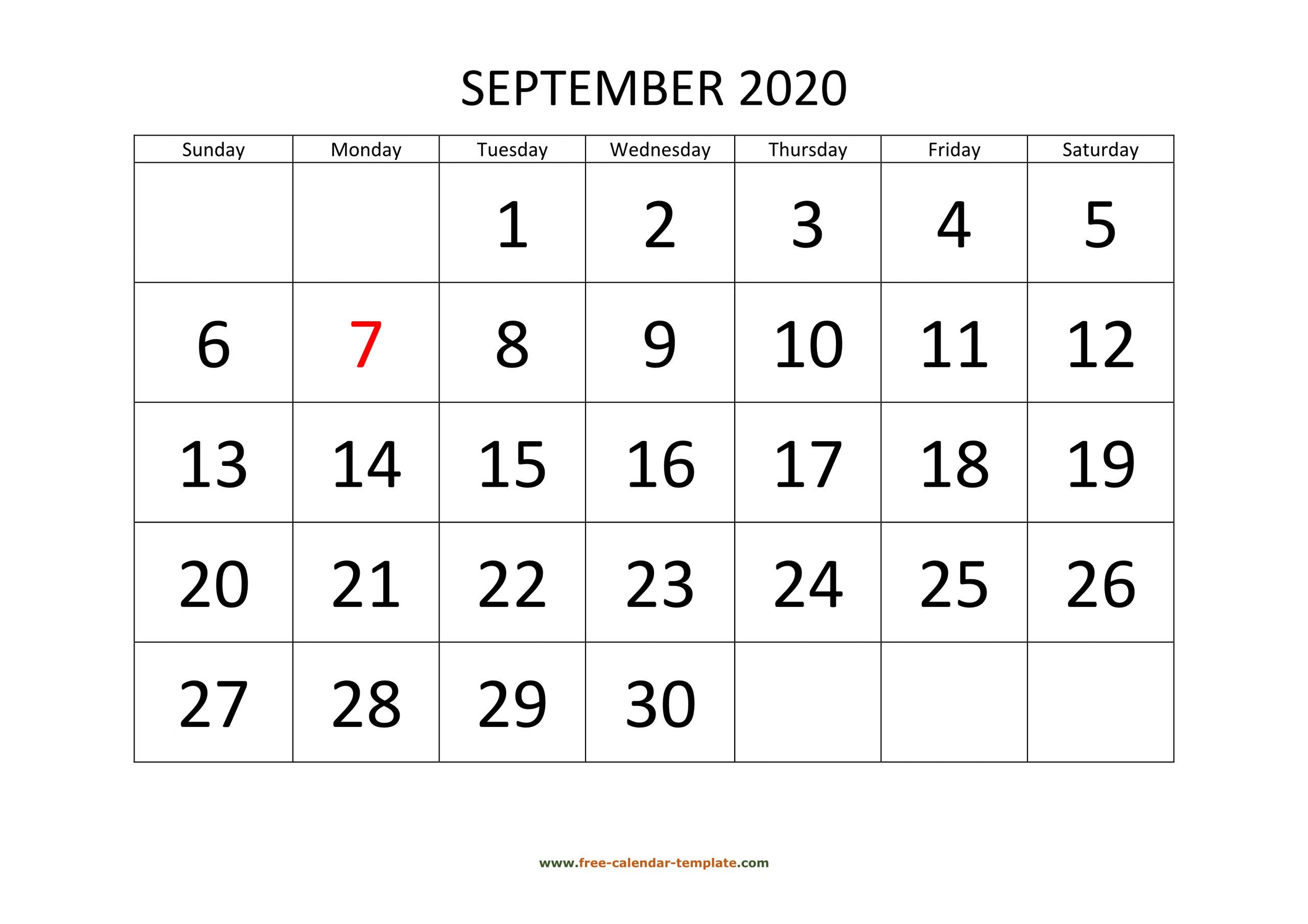 September 2020 Calendar Designed With Large Font (Horizontal