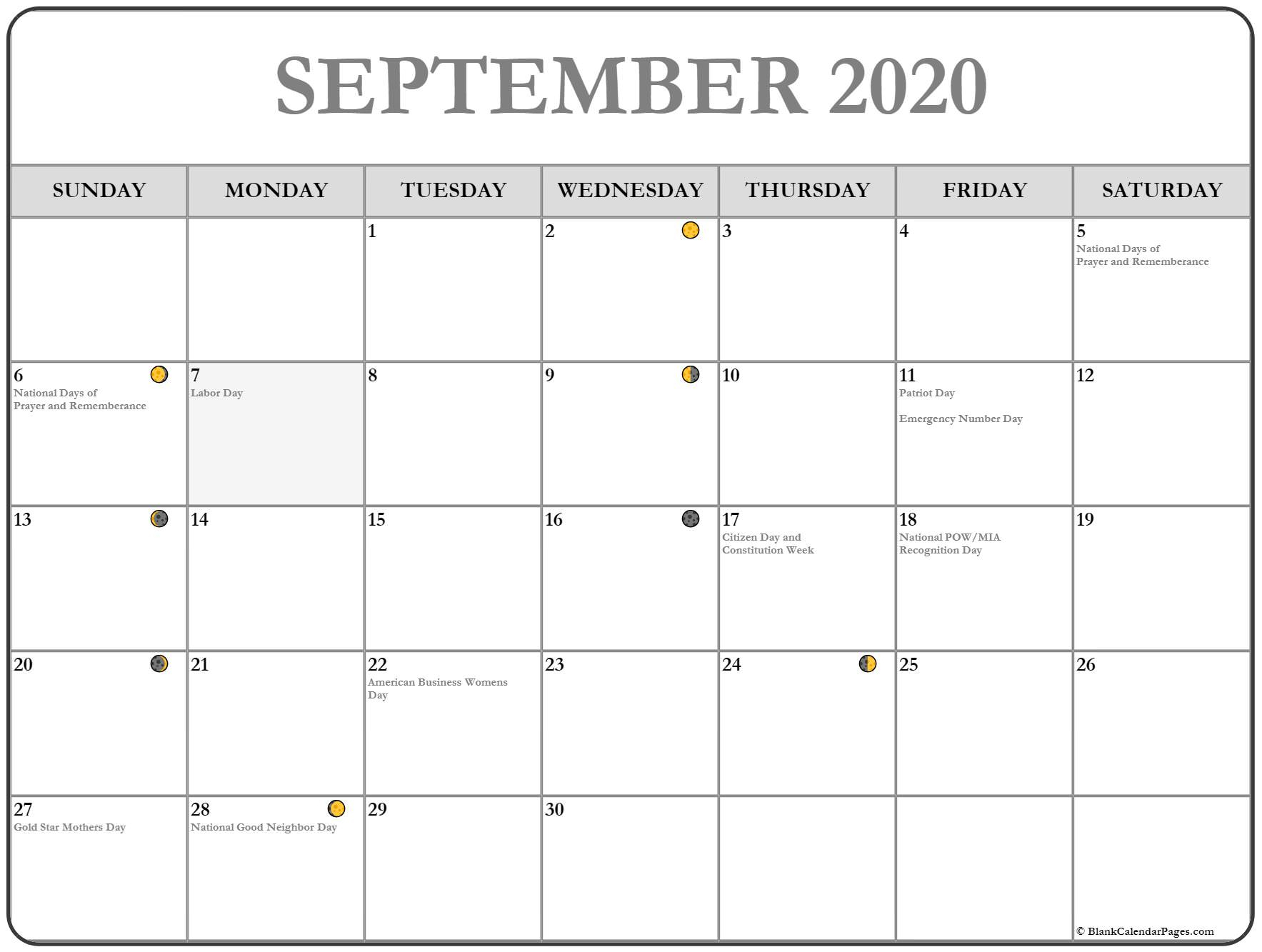 September 2020 Lunar Calendar | Moon Phase Calendar