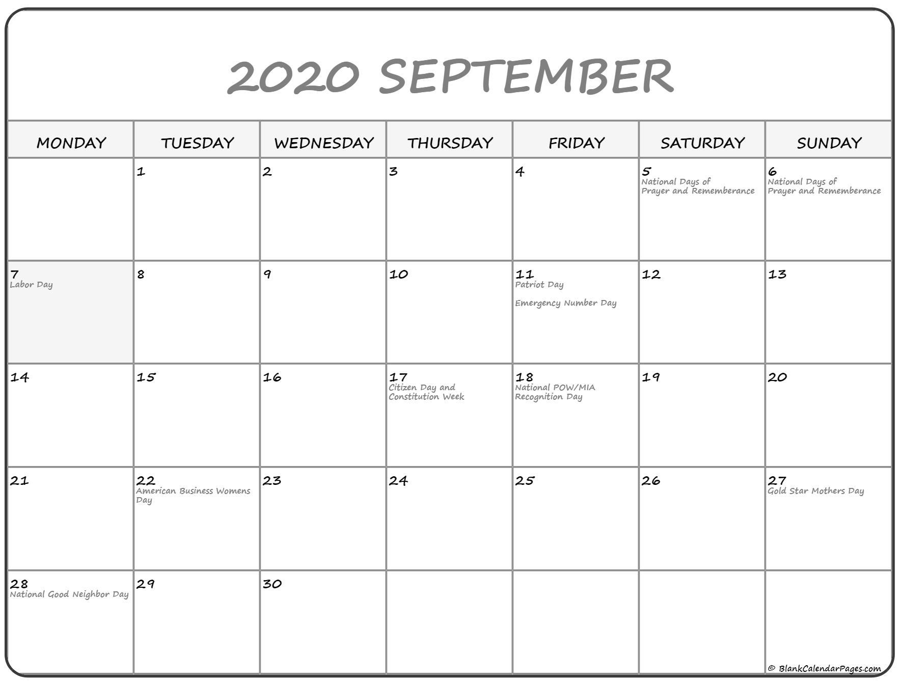 September 2020 Monday Calendar | Monday To Sunday