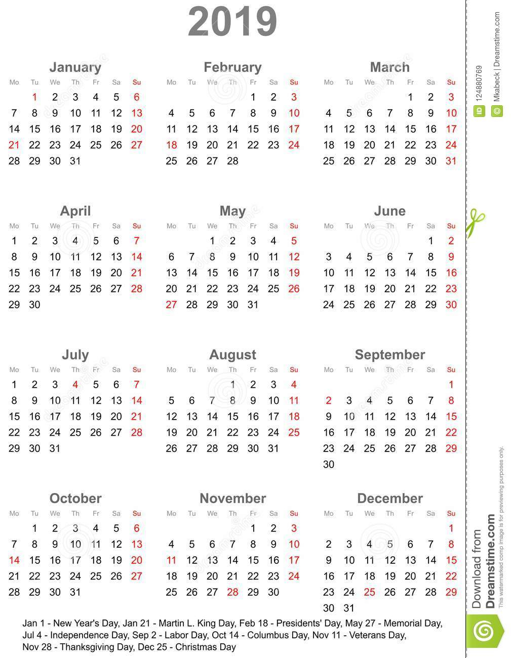 Simple Calendar 2019 With Public Holidays For Usa Stock