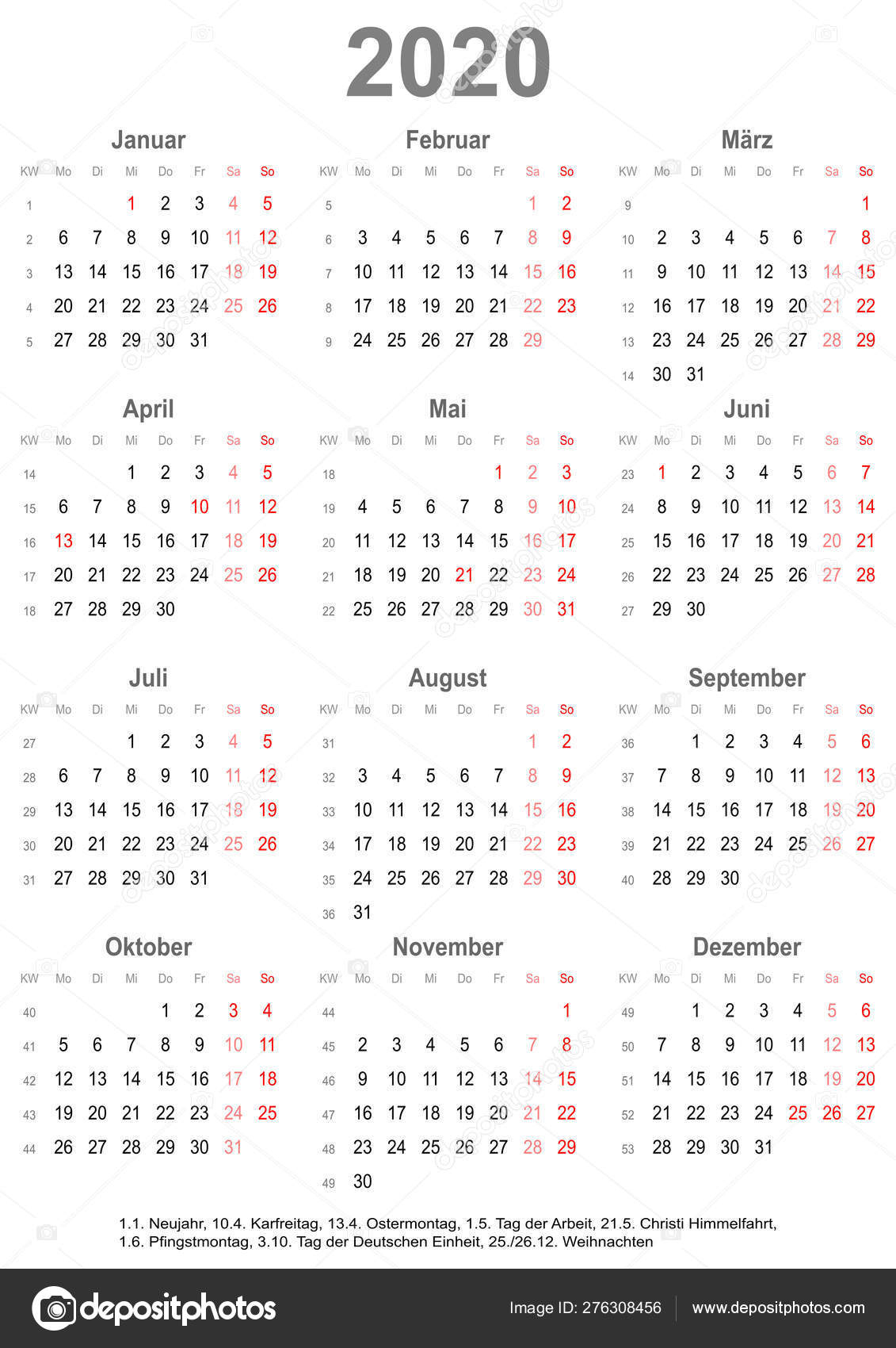 Simple Calendar 2020 With Public Holidays For Germany