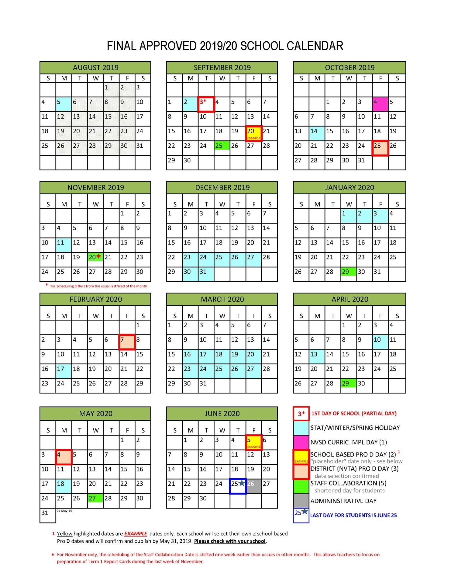 Special Days In The School Year 2019-2020 - Calendar