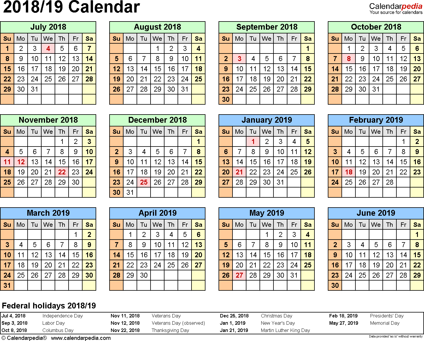 Split Year Calendars 2018/2019 (July To June) - Word Templates