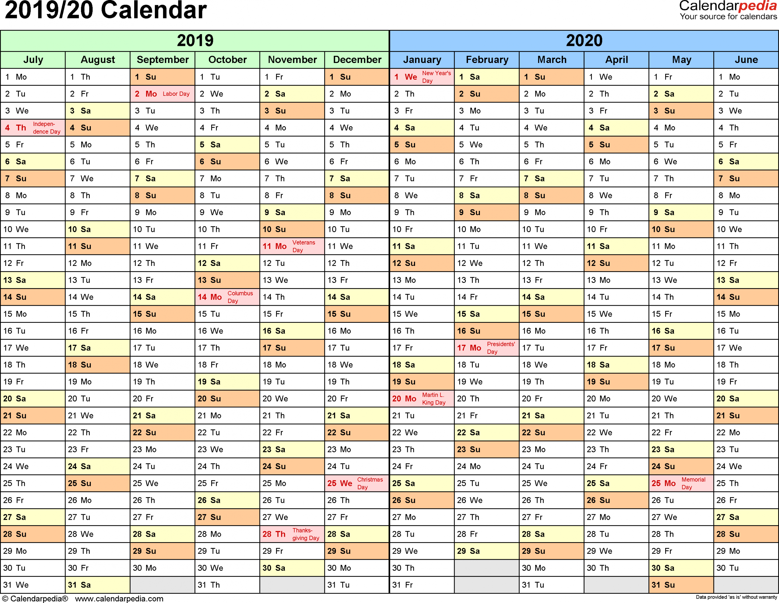 Split Year Calendars 2019/2020 (July To June) - Word Templates