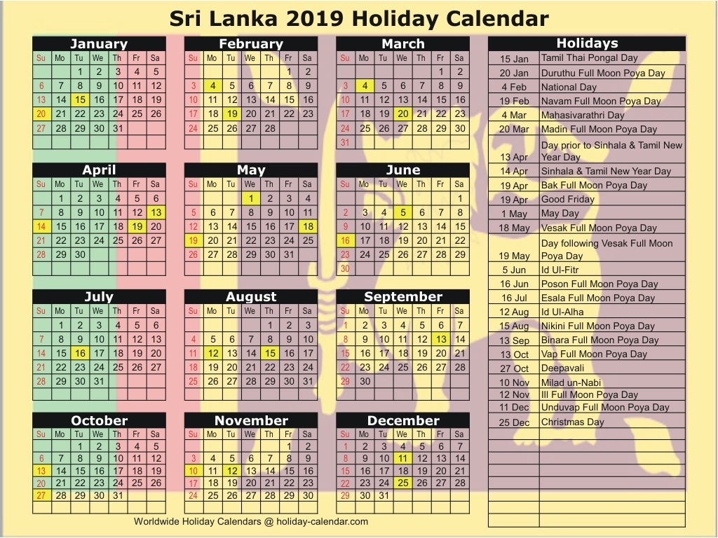 Sri Lanka 2019 / 2020 Holiday Calendar