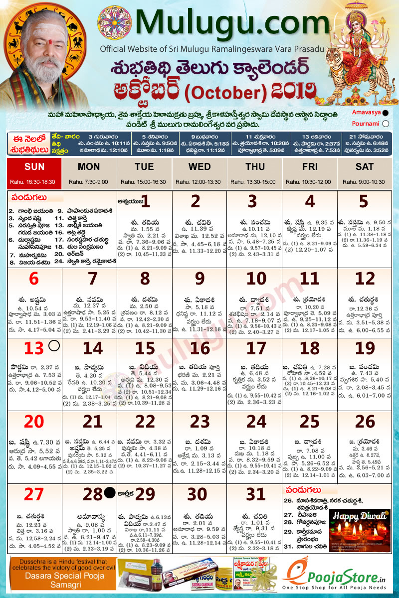 Subhathidi October Telugu Calendar 2019 | Telugu Calendar