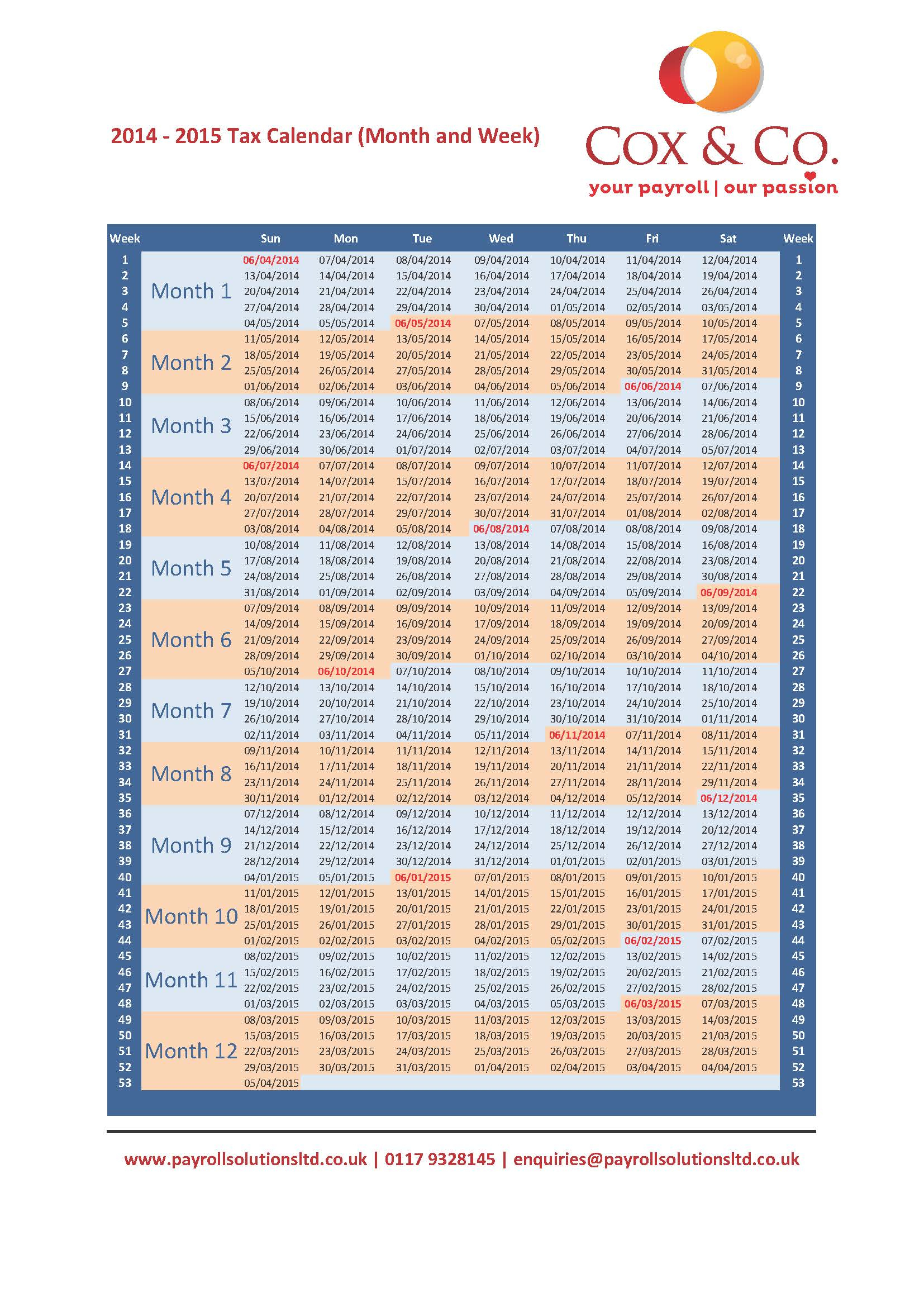 Tax Week &amp; Month Payroll Calendar -