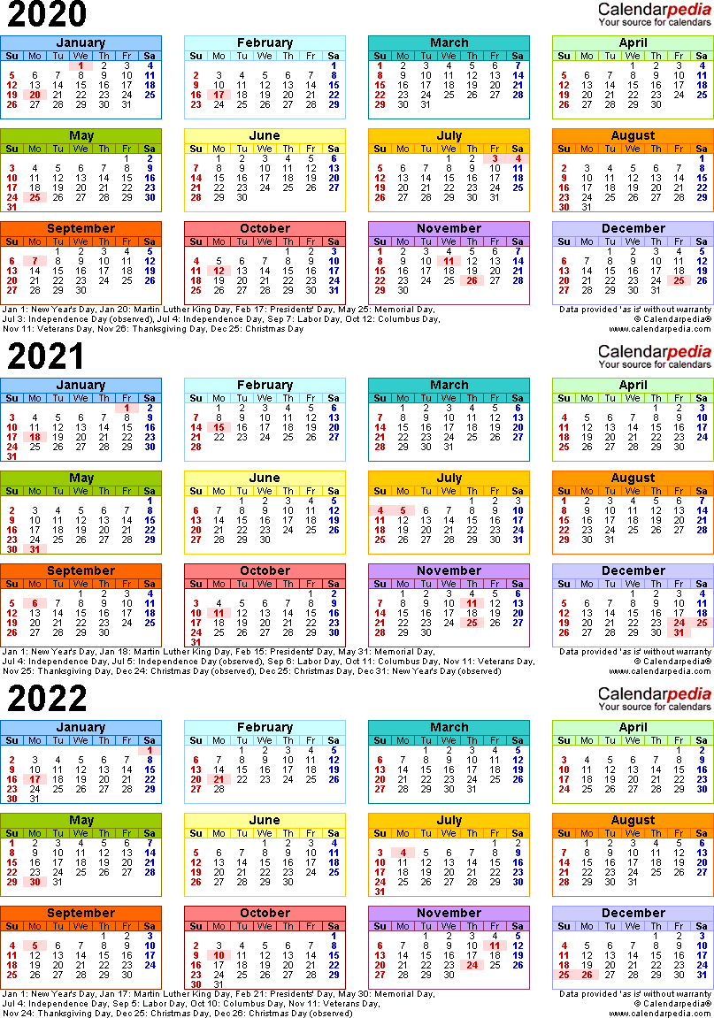 Template 3: Word Template For Three Year Calendar 2020-2022