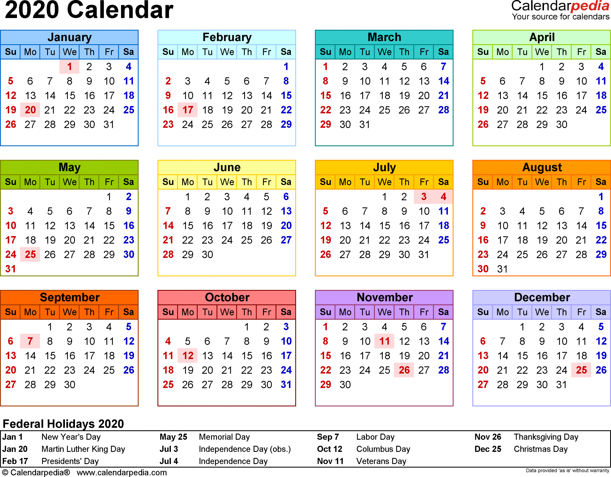 Template 8: 2020 Calendar For Word, Year At A Glance, 1 Page