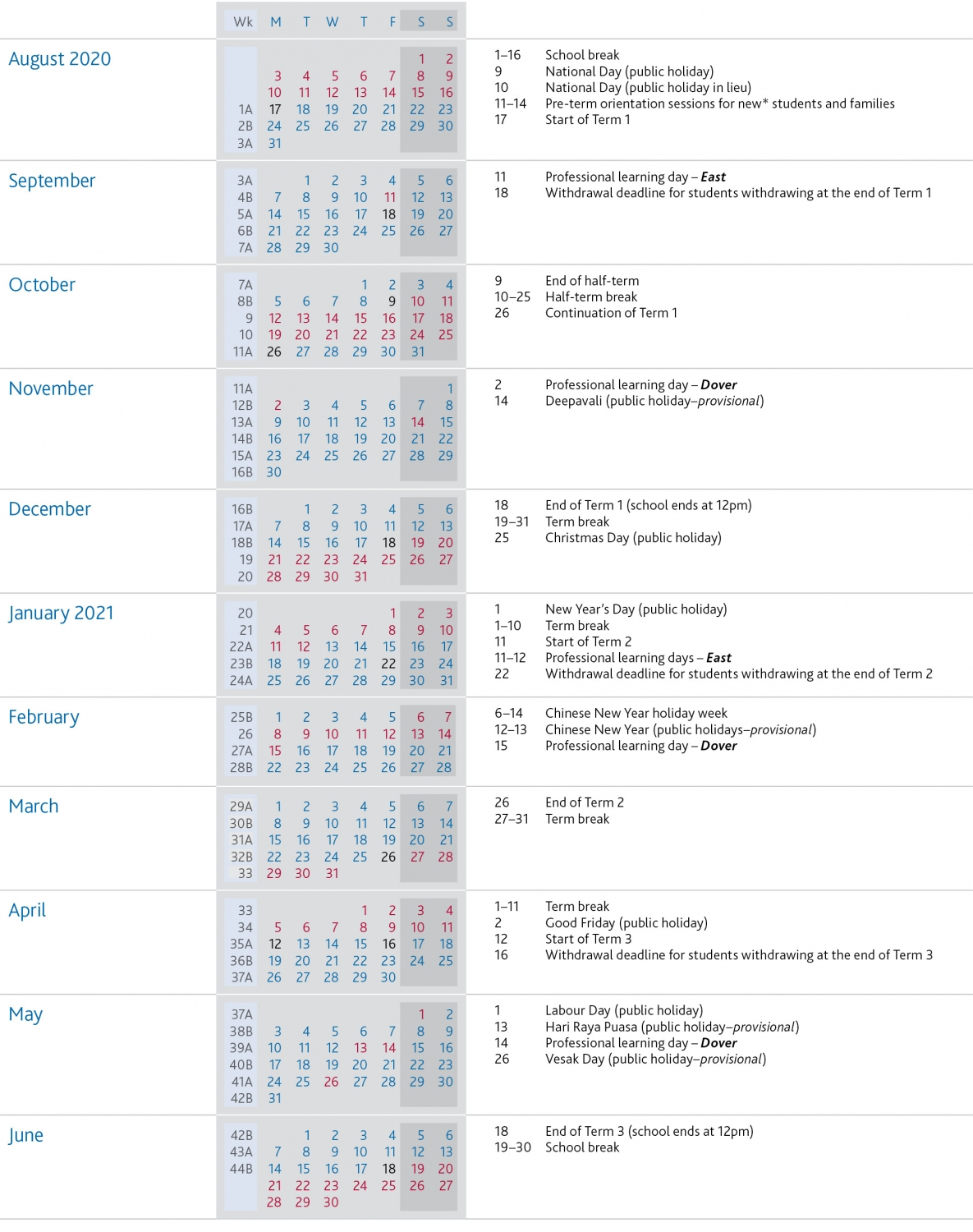 Term Dates | Uwcsea | International School In Singapore