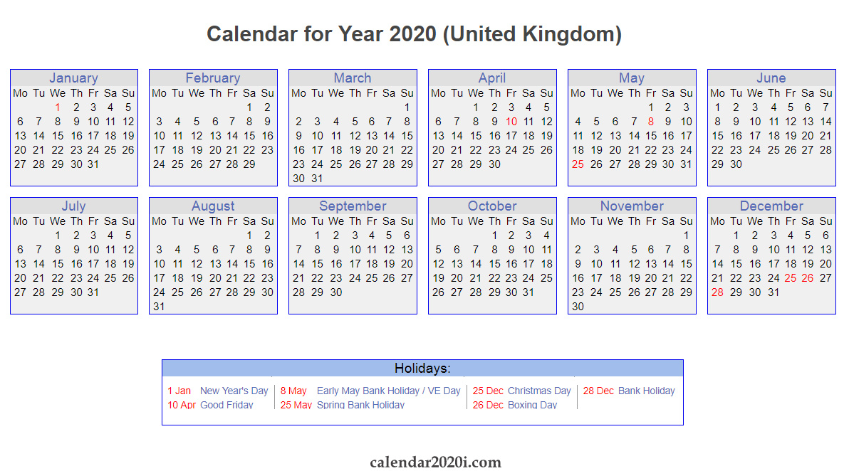 Uk 2020 Calendar Printable, Wallpapers, Holidays, Pdf, Excel