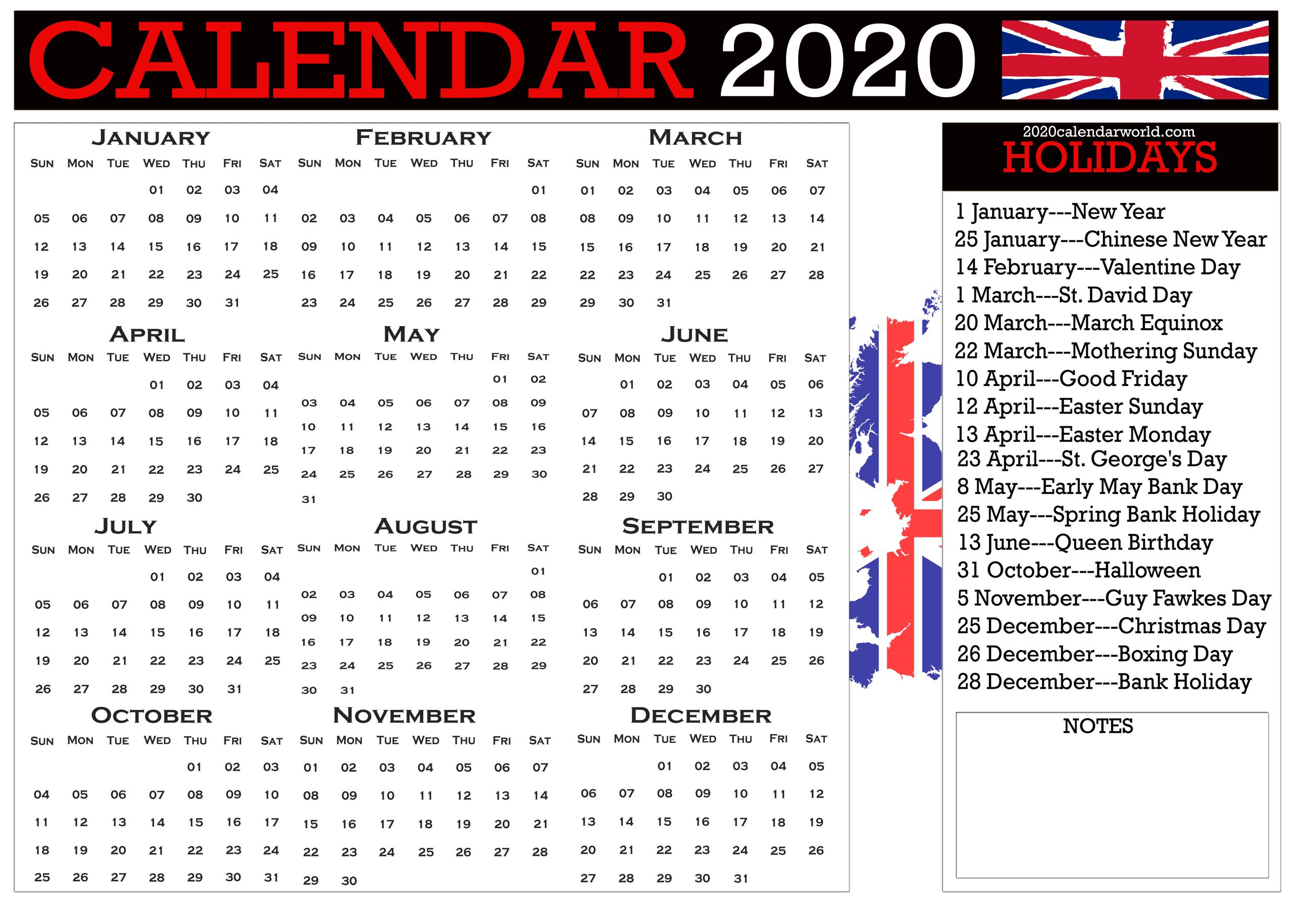 Uk 2020 Calendar With Holidays Printable Template Pdf &amp; Word