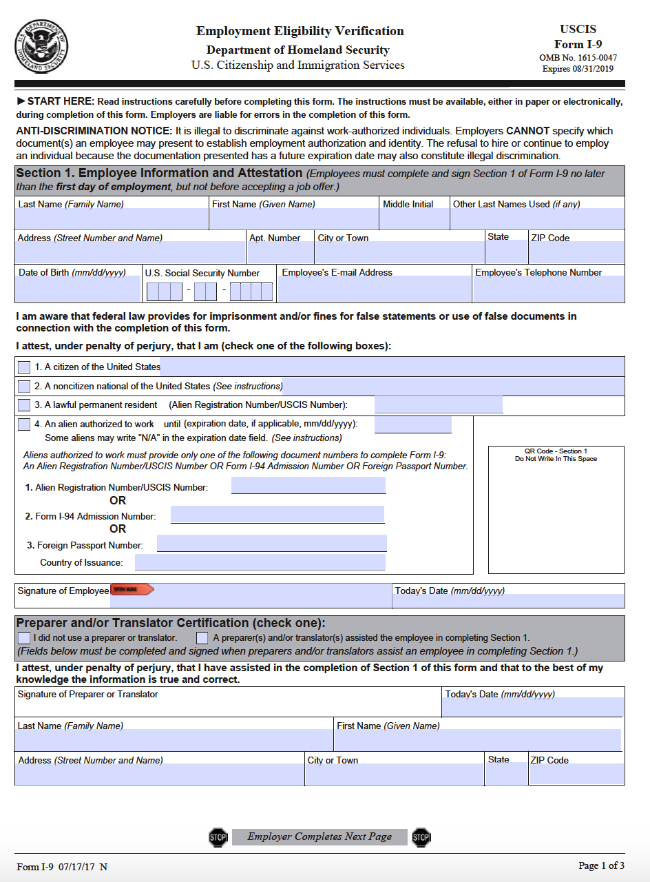 Uscis Form I-9 – Employment Eligibility Verification