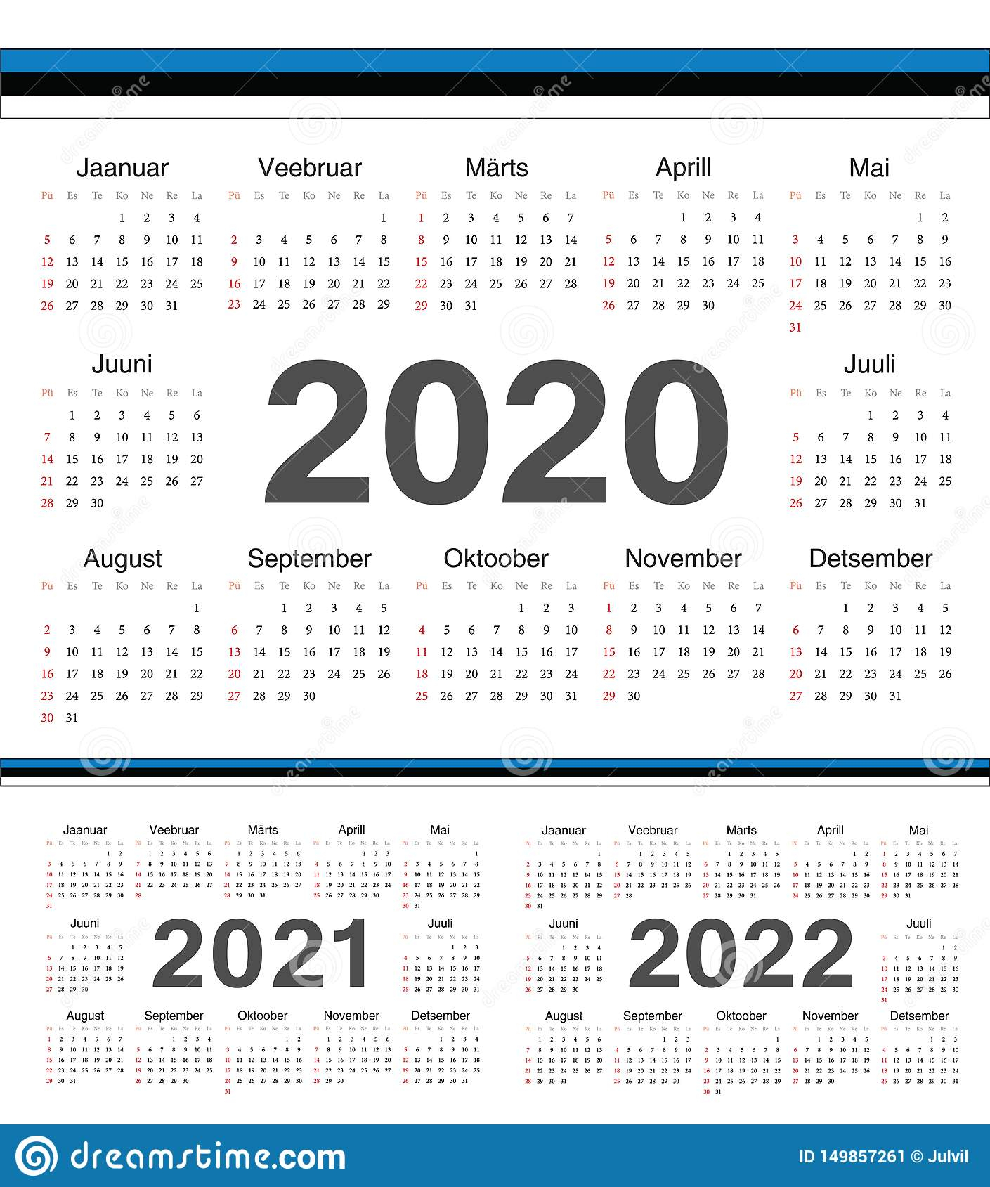 Vector Estonian Circle Calendars 2020, 2021, 2022 Stock