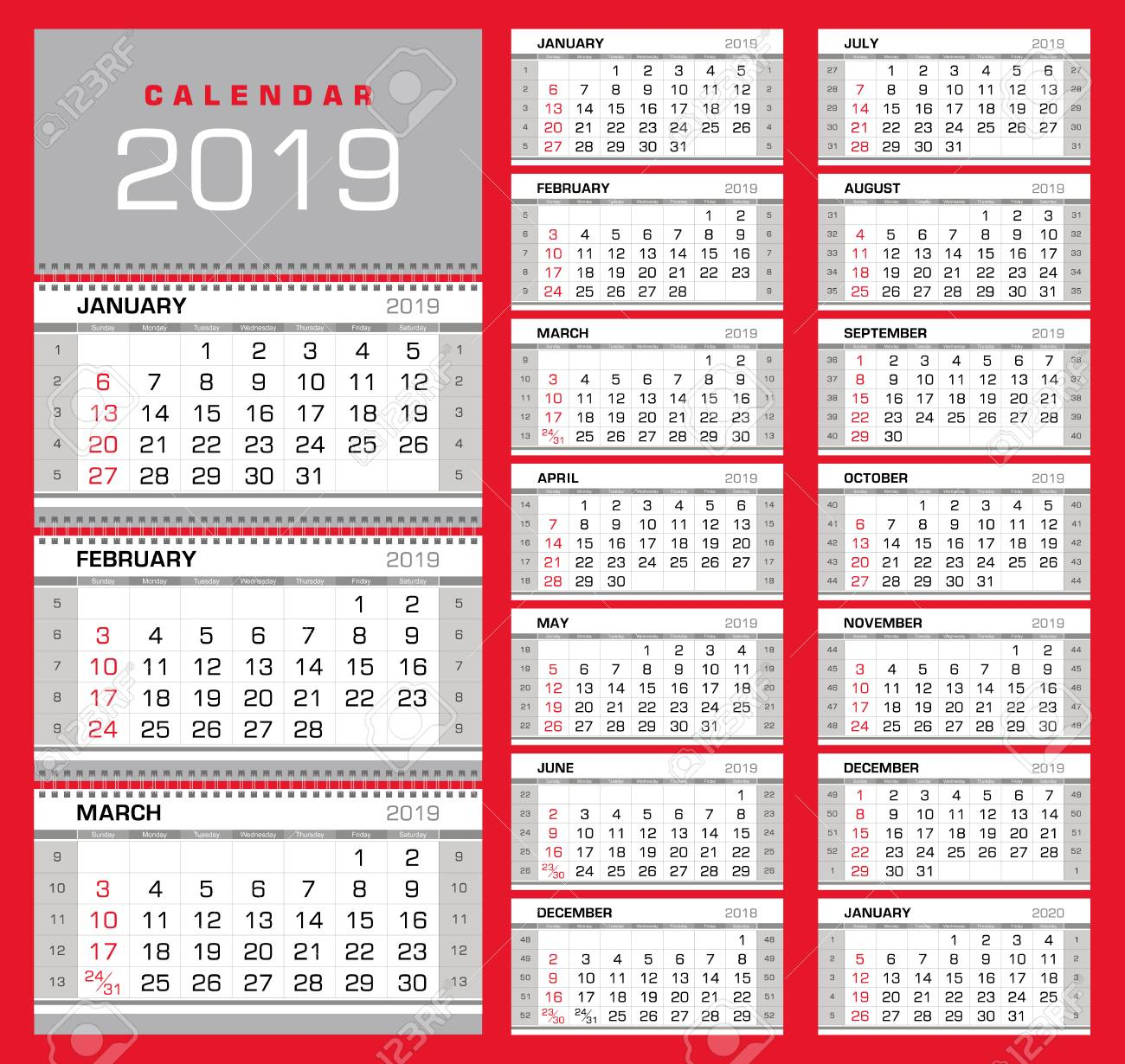 Wall Quarterly Calendar 2019 With Week Numbers On White Background