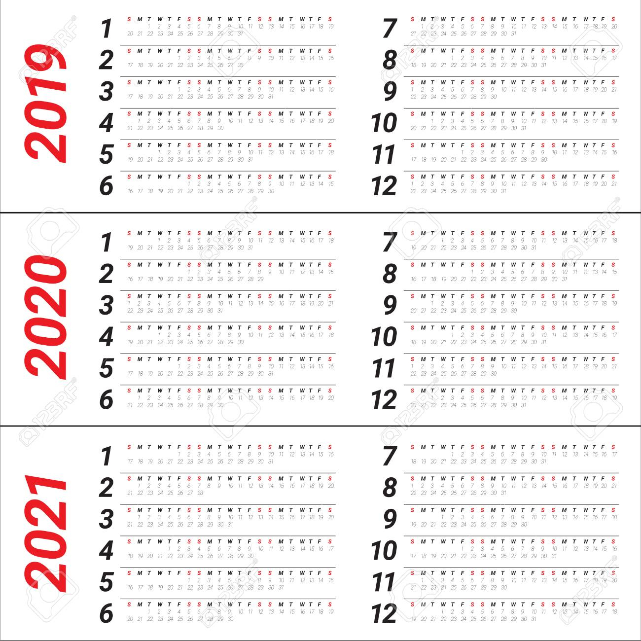 Year 2019 2020 2021 Calendar Vector Design Template, Simple And Clean Design
