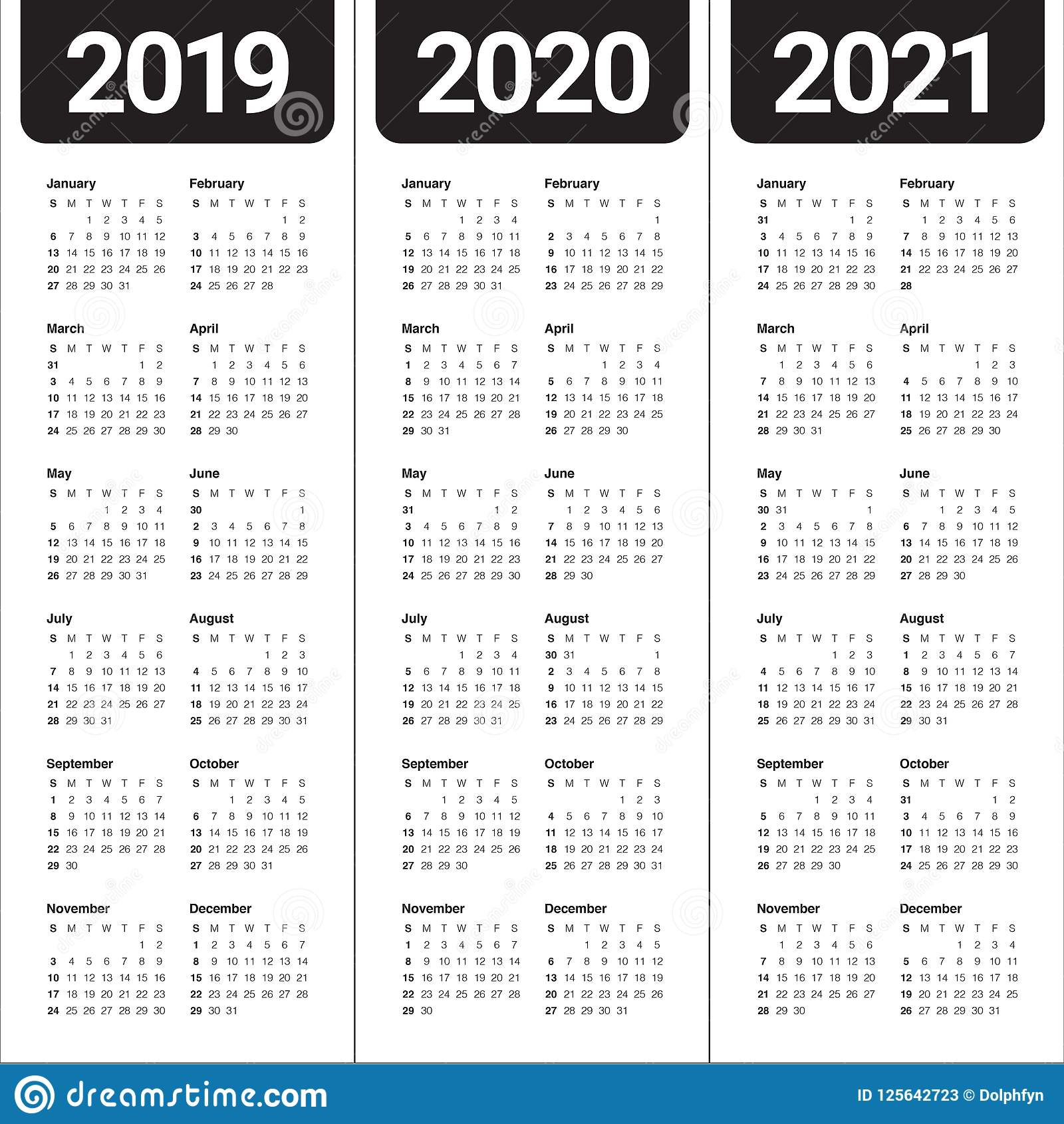 Year 2019 2020 2021 Calendar Vector Design Template Stock