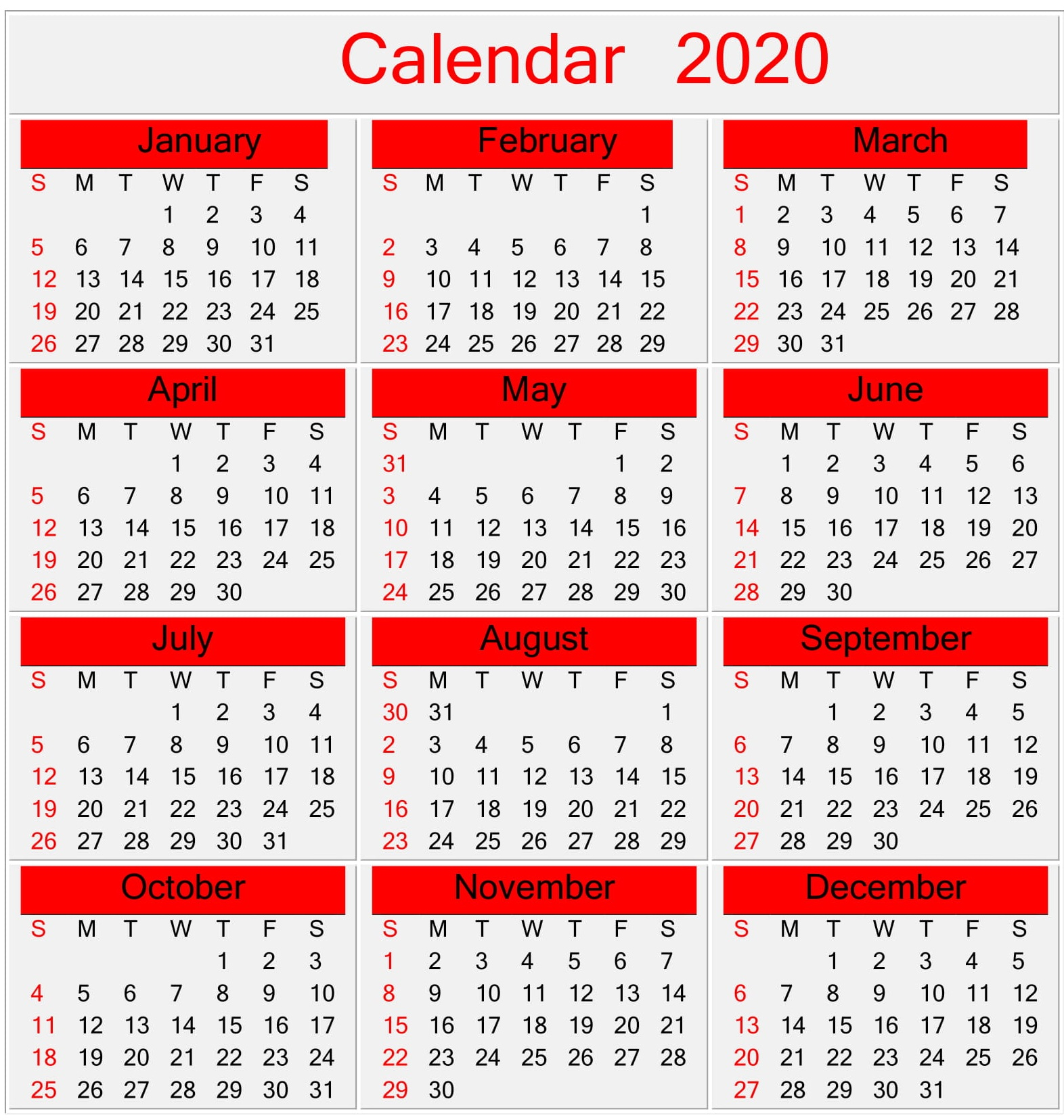 Yearly 2020 Calendar Excel Template - Latest Printable