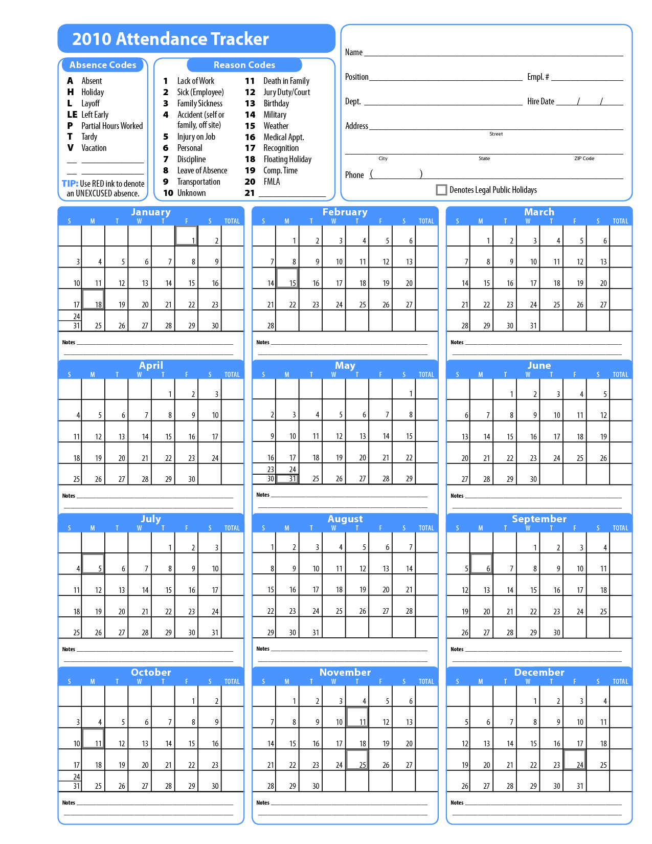 Catch 2020 Employee Attendance Calendar Printable ...