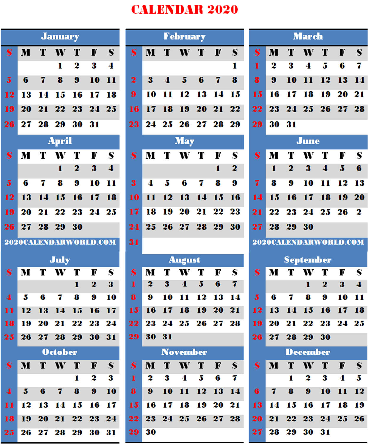 2020 Calendar- Free Printable 2020 Calendar Pdf- Jan To Dec
