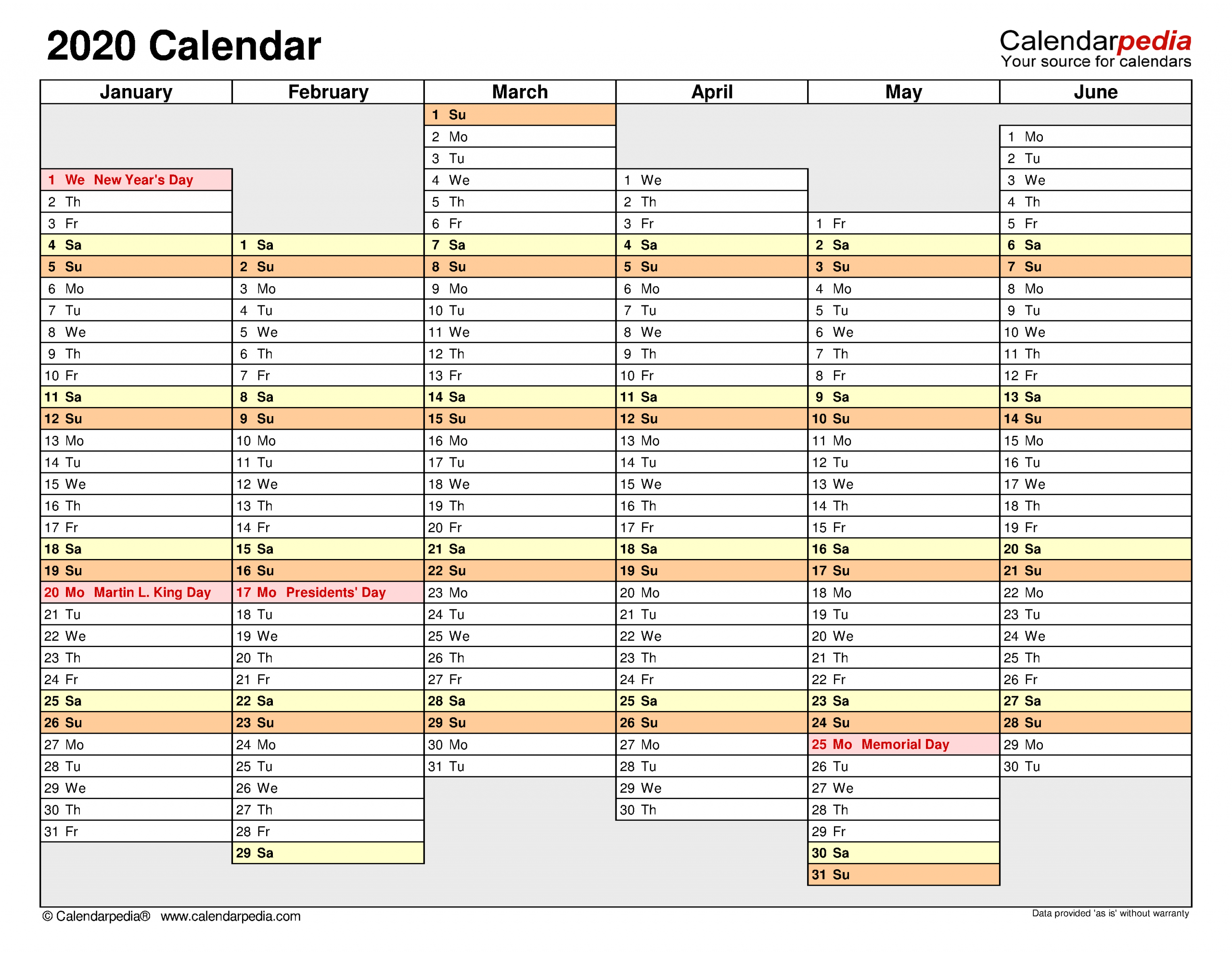 2020 Calendar - Free Printable Microsoft Word Templates