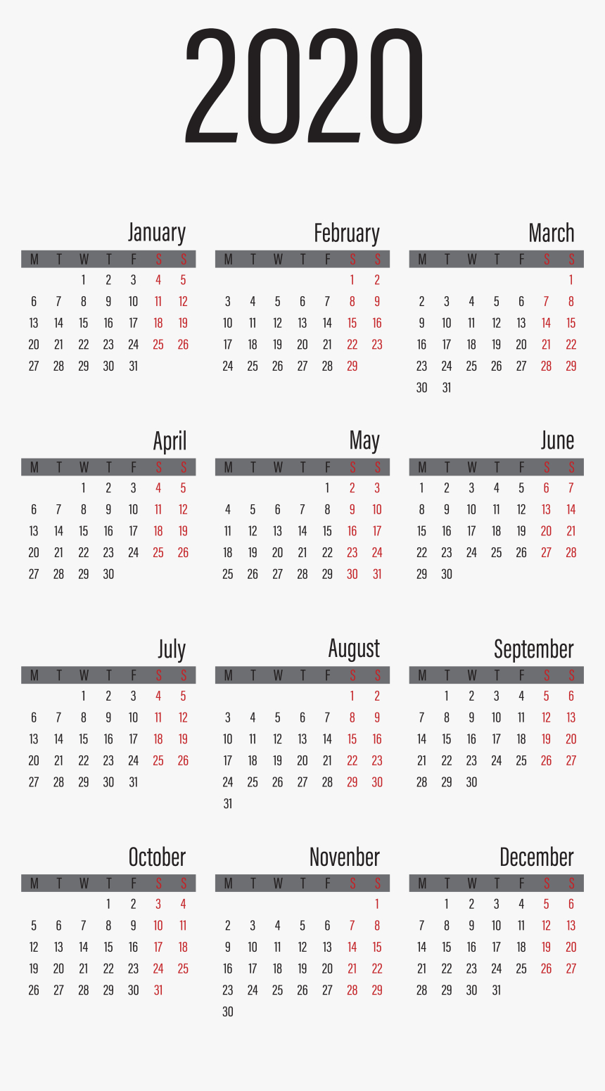 2020 Calendar Large Transparent Image - 2020 Year Calendar