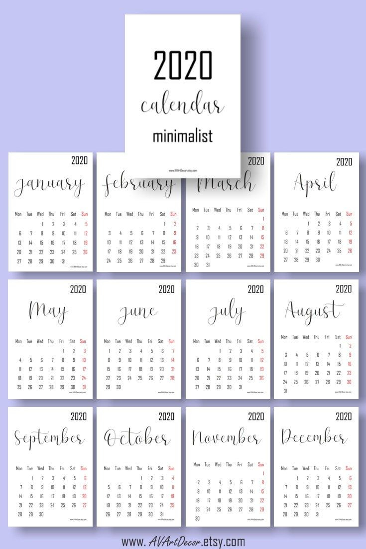 2020 Calendar Printable Calendar 2020 Digital Download Wall