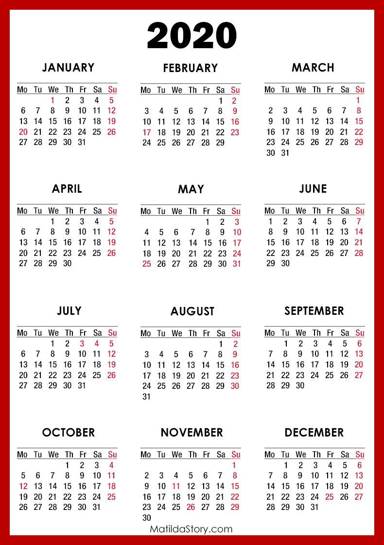 2020 Calendar With Holidays, Printable Free, Red – Monday