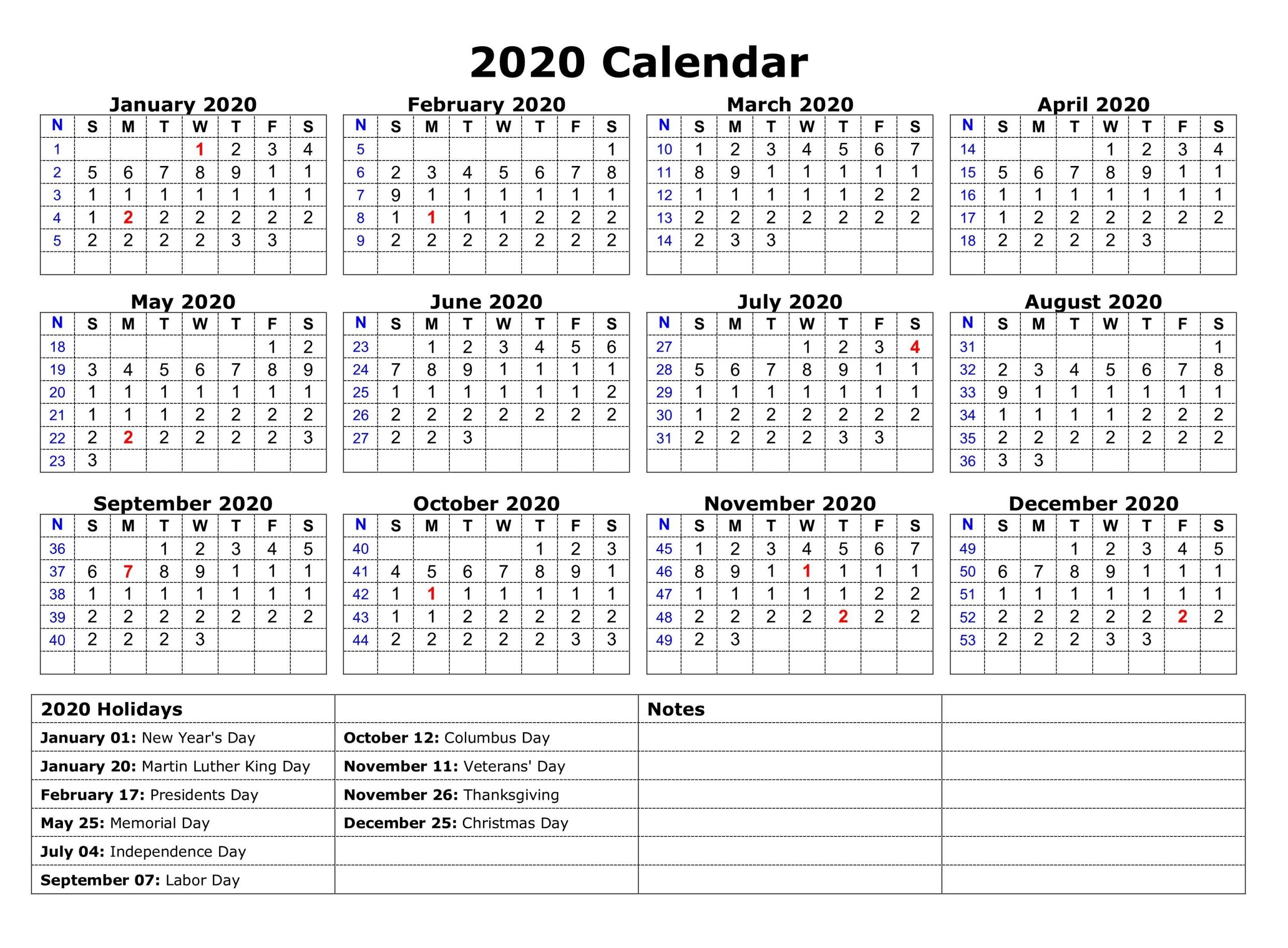 2020 One Page Calendar Printable | Monthly Calendar