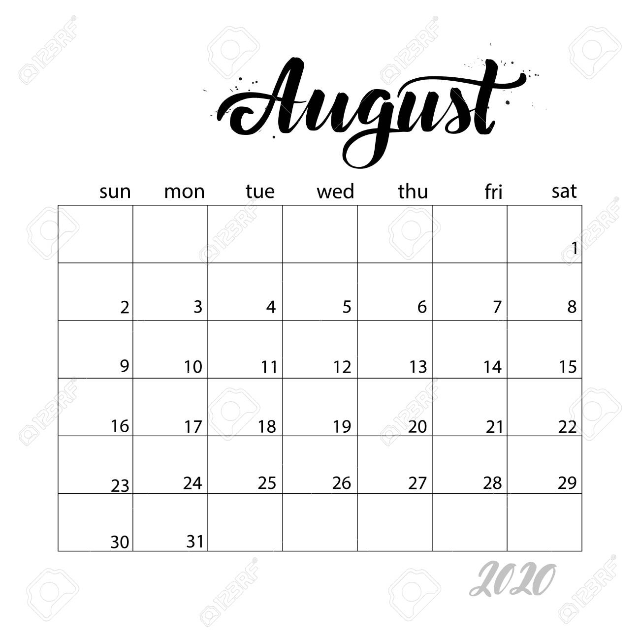 August. Monthly Calendar For 2020 Year. Handwritten Modern Calligraphy..