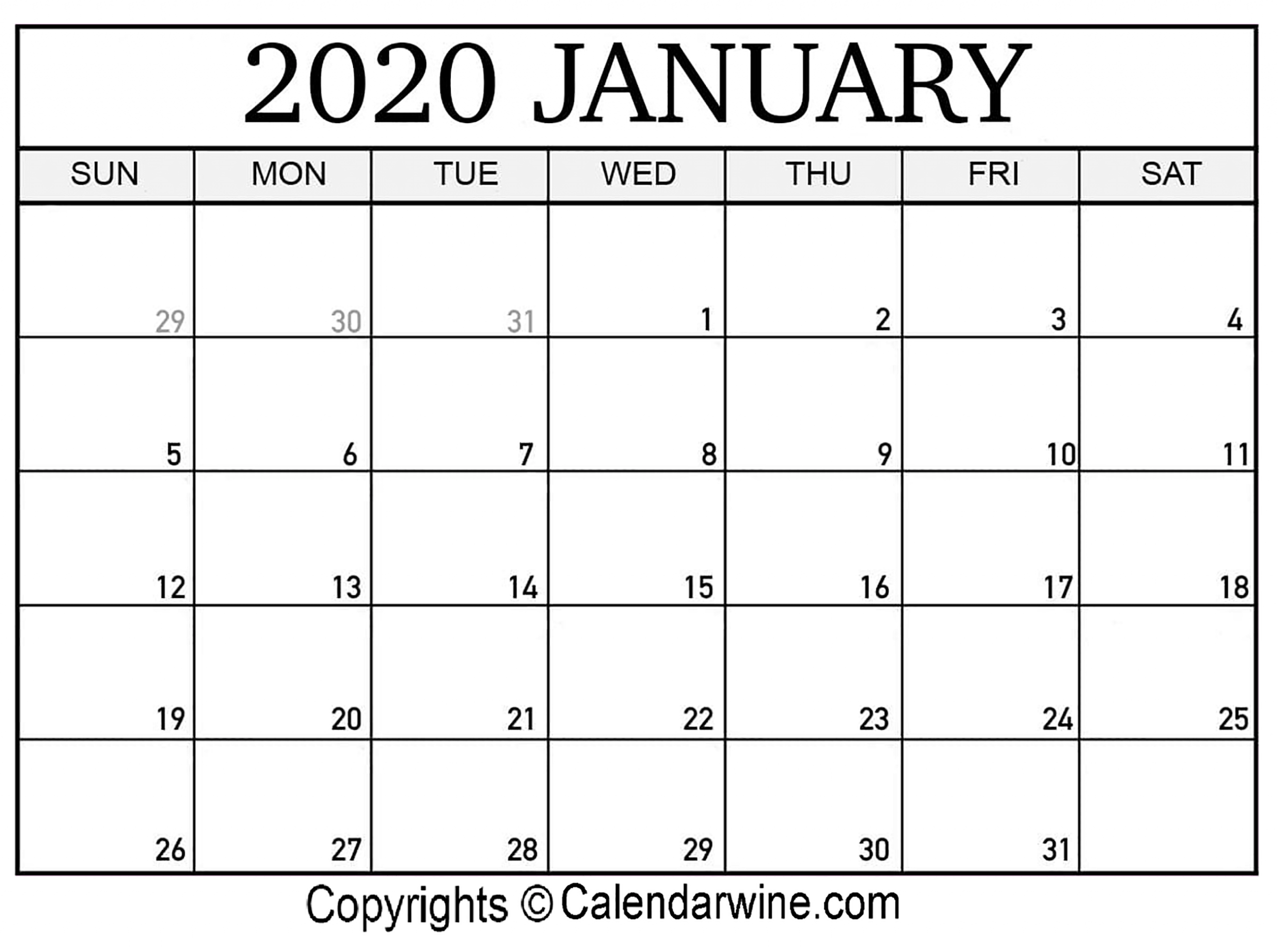 Black January 2020 Calendar Printable | Printable Calendar 2020