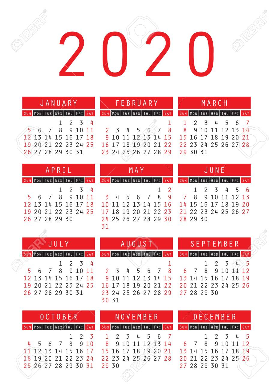 Calendar 2020 Year. Vector Design Template. English Vertical..