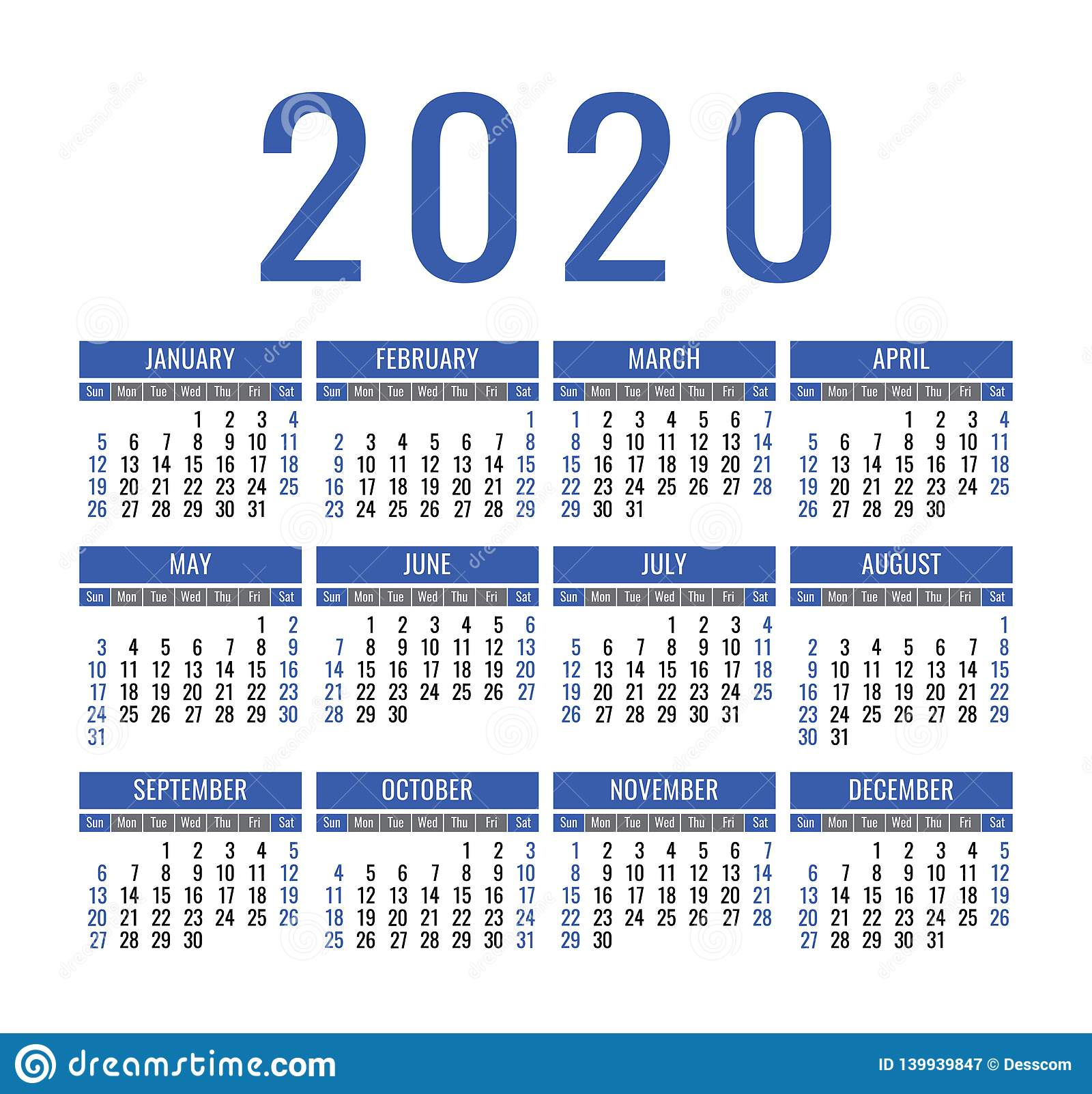 Calendar 2020 Year. Vector Pocket Or Wall Calender Template