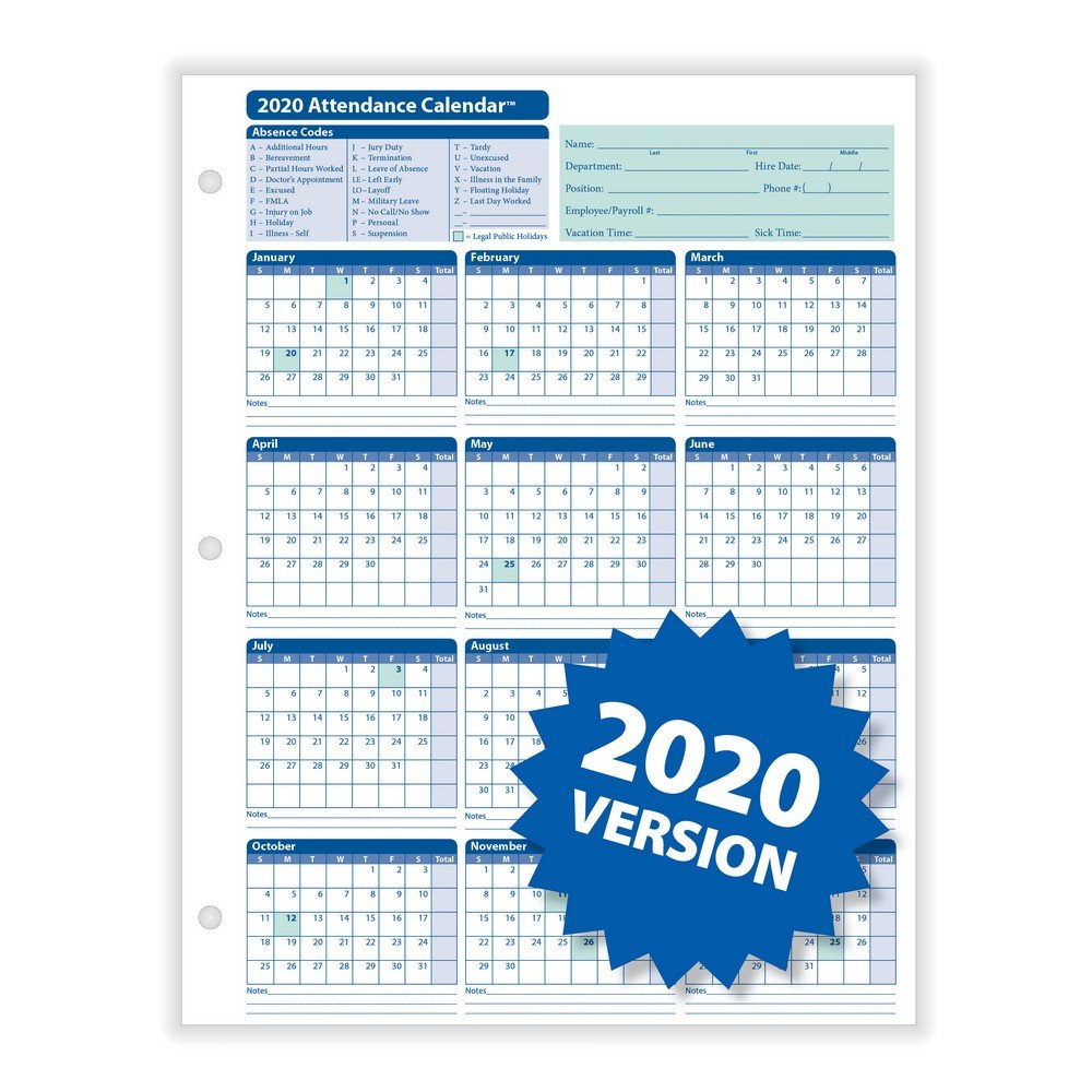 Complyright 2020 Attendance Calendar, White, 8-1/2&quot; X 11&quot; - 50 Per Pack