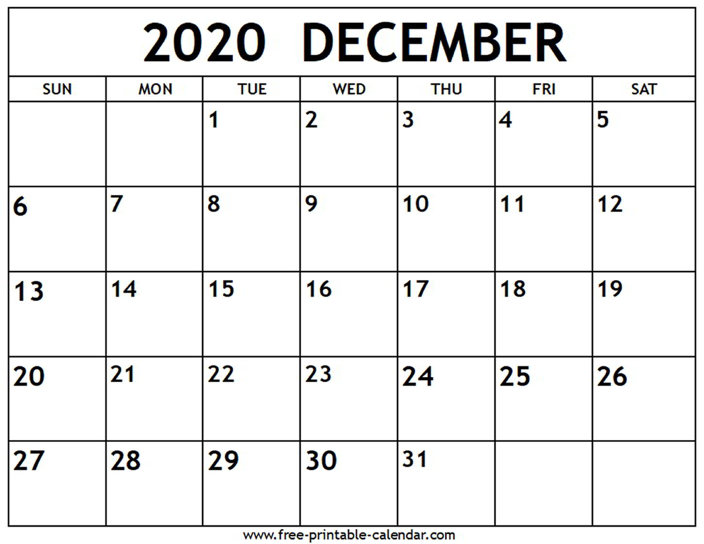 December 2020 Calendar - Free-Printable-Calendar