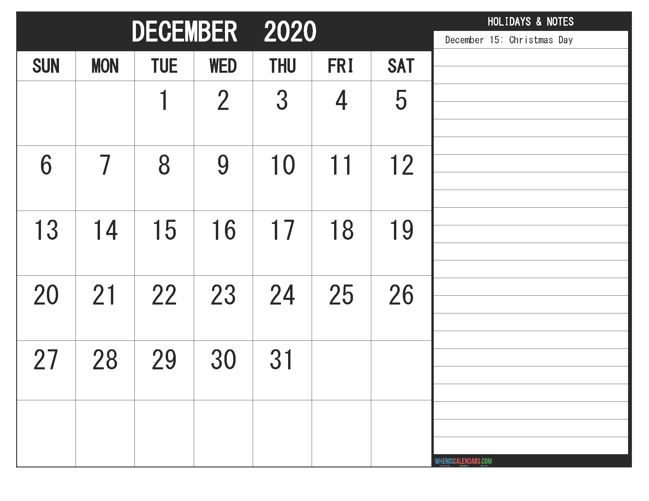 December 2020 Calendar With Holidays Free Printable | Free